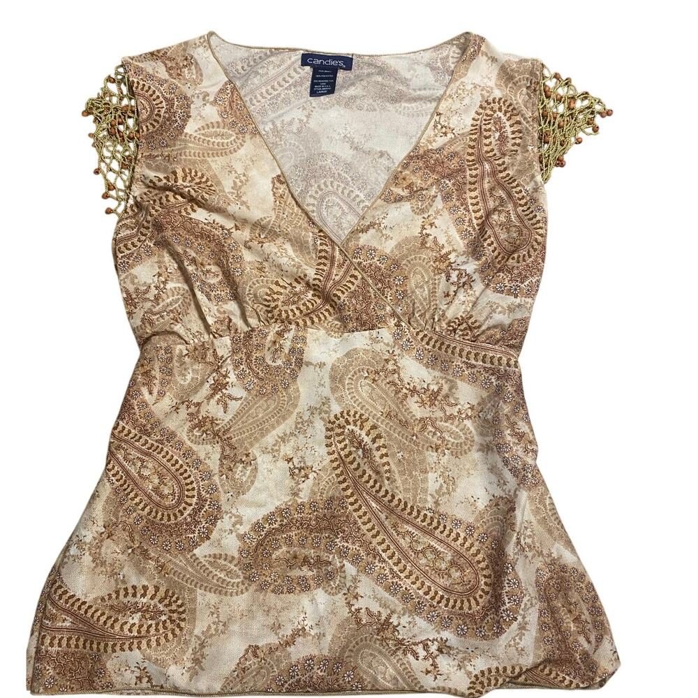 Vintage Y2K Candie's Paisley Beaded Sleeve Top – Size M – Boho Chic